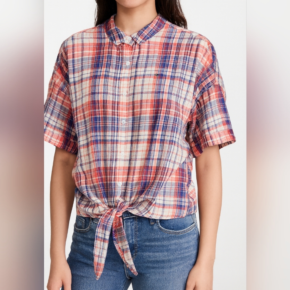 Tommy Hilfiger Plaid Button Down Shirt Tie Front Short Sleeve Top Size M